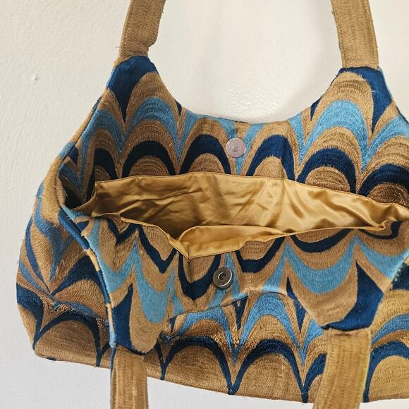 Scallop Pattern Woven Shoulder Bag Purse Tan‎ Blue MCM - Picture 7 of 10